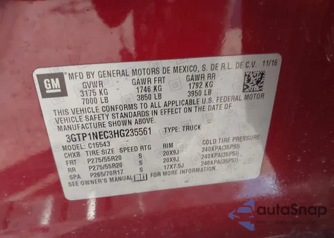 2017 GMC Sierra 1500 Slt z USA, uszkodzony, nr VIN 3GTP1NEC3HG235561